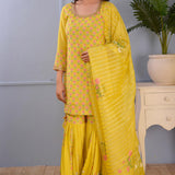 Lemon Yellow Foil Printed Cotton Silk Gharara Set