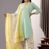 Block Printed Green Cotton Kurta And Salwar Set
