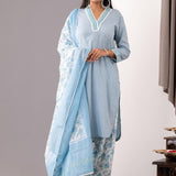 Block Printed Blue Cotton Kurta And Salwar Set