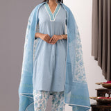 Block Printed Blue Cotton Kurta And Salwar Set