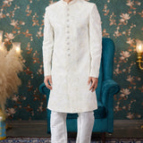 Cream Art Silk Two Piece Sherwani Set