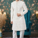 Cream Art Silk Two Piece Sherwani Set