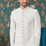Cream Art Silk Two Piece Sherwani Set