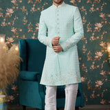 Mint Green Art Silk Two Piece Sherwani Set