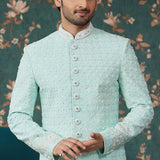 Mint Green Art Silk Two Piece Sherwani Set