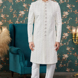 Cream Art Silk Sherwani Set