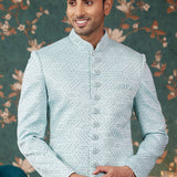 Powder Blue Art Silk Sherwani Set