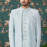 Powder Blue Art Silk Three Piece Sherwani Set