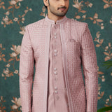 Dusty Rose Pink Art Silk Three Piece Sherwani Set