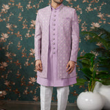 Light Purple Art Silk Three Piece Sherwani Set