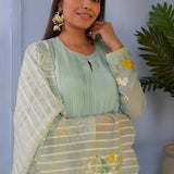 Sea Green Foil Printed Cotton Silk Anarkali Set