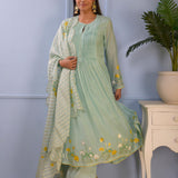 Sea Green Foil Printed Cotton Silk Anarkali Set