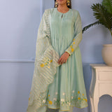 Sea Green Foil Printed Cotton Silk Anarkali Set