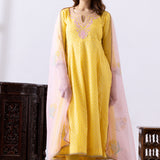 Yellow Dori Embroidery Chanderi Anarkali Churidar Set