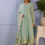 Sea Green Foil Printed Cotton Silk Anarkali Set