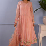 Pink Foil Printed Cotton Silk Anarkali Set
