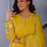 Lemon Yellow Foil Printed Cotton Silk Anarkali Set