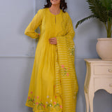 Lemon Yellow Foil Printed Cotton Silk Anarkali Set