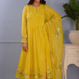 Lemon Yellow Foil Printed Cotton Silk Anarkali Set