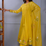 Lemon Yellow Foil Printed Cotton Silk Anarkali Set