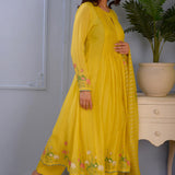 Lemon Yellow Foil Printed Cotton Silk Anarkali Set