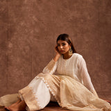 White Fusion Flared Chanderi Suit With Real Zari Weaving