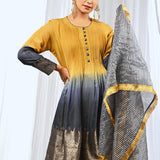 Mustard And Midnight Blue Chanderi Kurta Set With Antique Zari Detailing