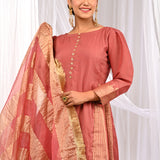 Peach Chanderi Kurta Set With Antique Zari Detailing