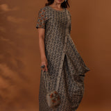 Brown Handcrafted One Side Drape Cotton Silk Chola Dress