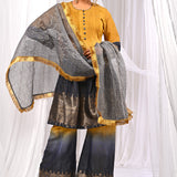 Mustard And Midnight Blue Chanderi Kurta Set With Antique Zari Detailing