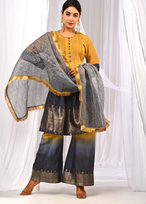 <img> Mustard And Midnight Blue Chanderi Kurta Set With Antique Zari Detailing