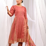 Peach Chanderi Kurta Set With Antique Zari Detailing