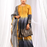 Mustard And Midnight Blue Chanderi Kurta Set With Antique Zari Detailing