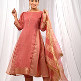 Peach Chanderi Kurta Set With Antique Zari Detailing