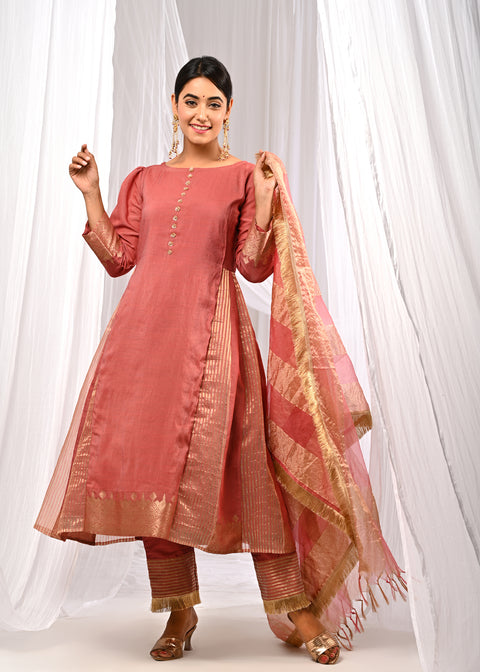 <img> Peach Chanderi Kurta Set With Antique Zari Detailing