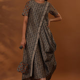 Brown Handcrafted One Side Drape Cotton Silk Chola Dress