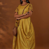 Yellow Handcrafted One Side Drape Cotton Silk Chola Dress