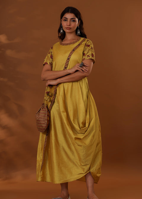 <img> Yellow Handcrafted One Side Drape Cotton Silk Chola Dress
