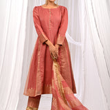 Peach Chanderi Kurta Set With Antique Zari Detailing