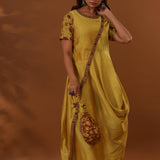 Yellow Handcrafted One Side Drape Cotton Silk Chola Dress
