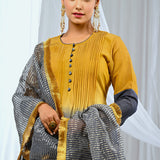 Mustard And Midnight Blue Chanderi Kurta Set With Antique Zari Detailing