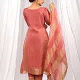 Peach Chanderi Kurta Set With Antique Zari Detailing