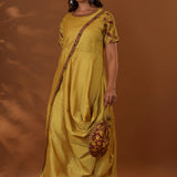 Yellow Handcrafted One Side Drape Cotton Silk Chola Dress