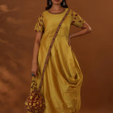 Yellow Handcrafted One Side Drape Cotton Silk Chola Dress