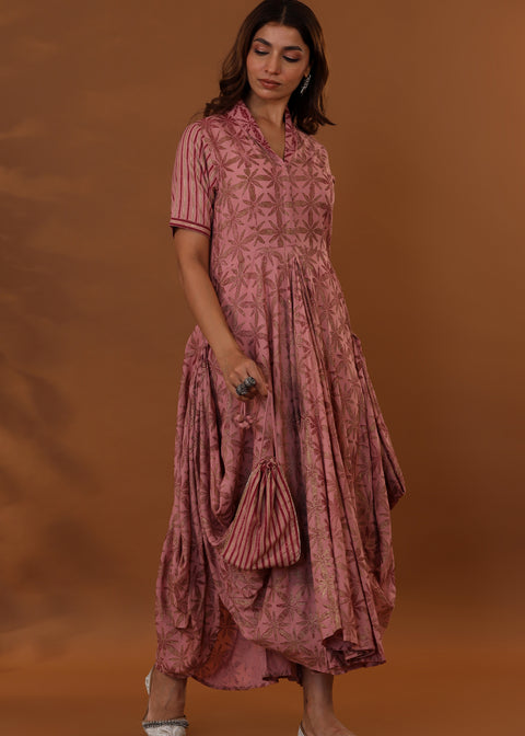 <img> Pink Handcrafted Double Side Drape Cotton Chola Dress