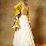 Mustard Yellow Blouse Lehenga With Ivory Skirt And Silver Border