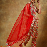 Red Floral Medallion Printed Sleeveless Salwar Set With Net Dupatta