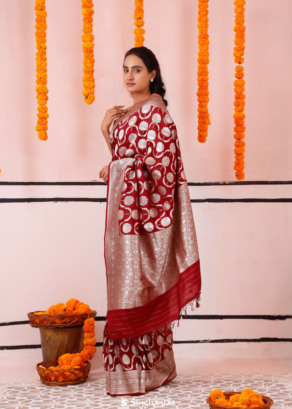 Burgundy Red Banarasi Silk Saree With Zari Butta
