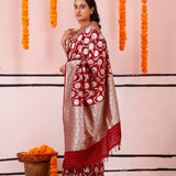 Burgundy Red Banarasi Silk Saree With Zari Butta