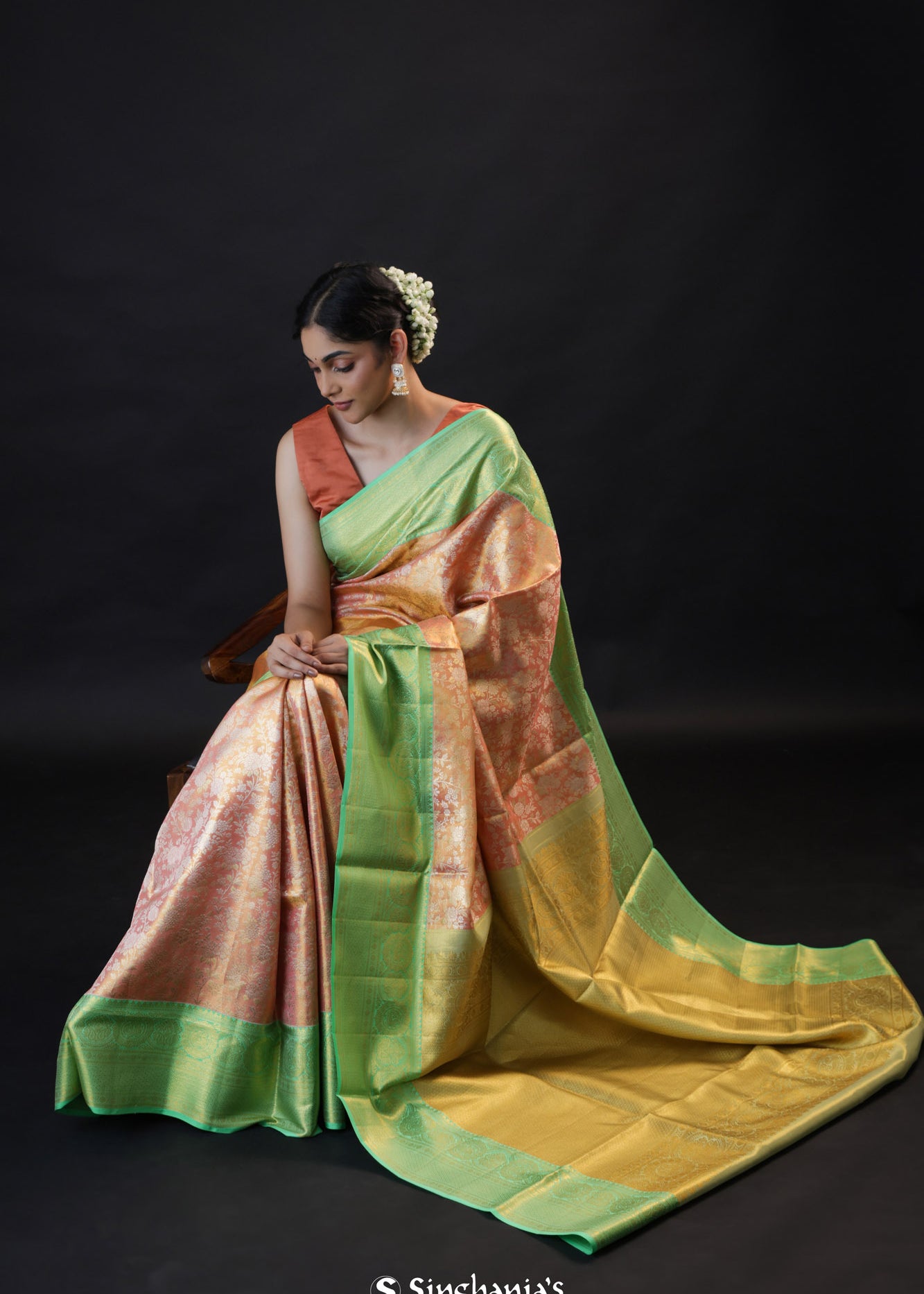 Pastel Peach Tissue Kanjivaram Silk Saree With Floral Jaal Weaving
